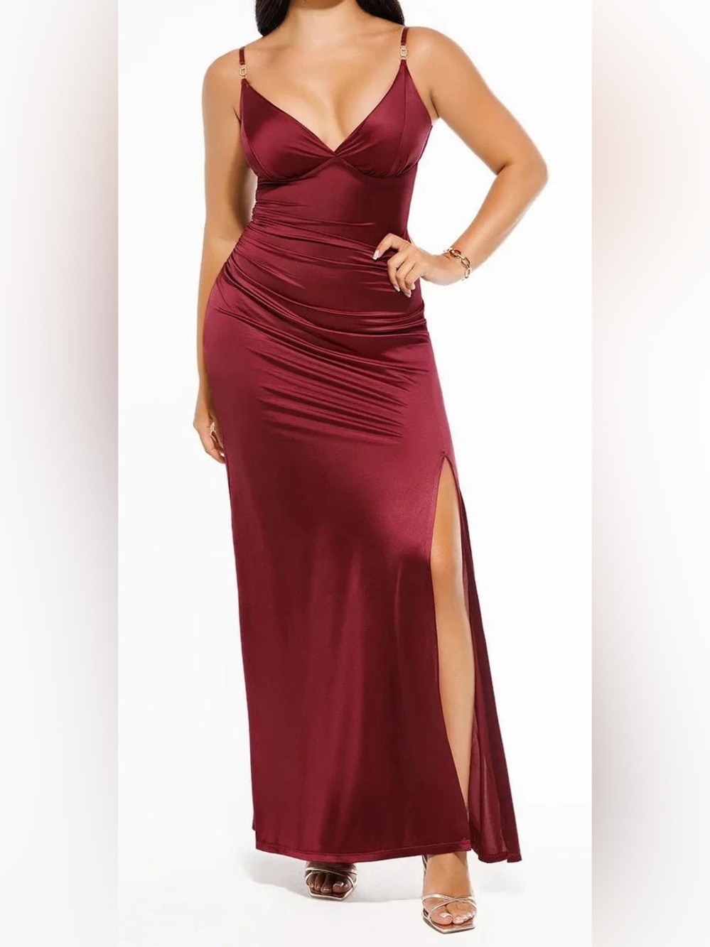 Shapewear Satin Deep-V Front Slit
Maxi Dress